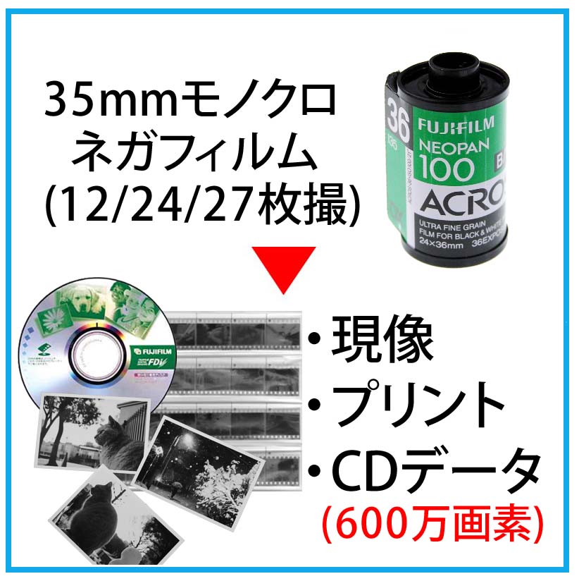 35mmモノクロネガフィルム 12 24 27枚撮 現像と同時プリントとcdデータ 約600万画素 写ルンです フィルムの現像 データ 化 ダウンロード フィルム現像jp